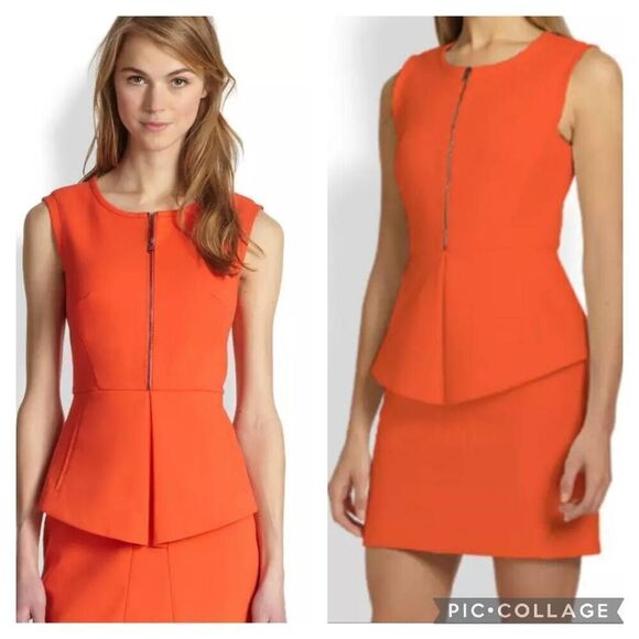 tibi Orange Reddish Peplum Mini Dress Two Zip Stretch Lined Size 4 City Cocktail - Picture 1 of 14